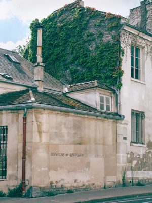 Old light beige stone buildings with ivy growing on wall in empty street in summer