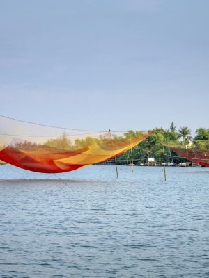 Traditional lift nets over river in Vietnam