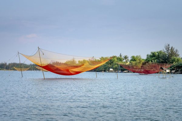 Traditional lift nets over river in Vietnam